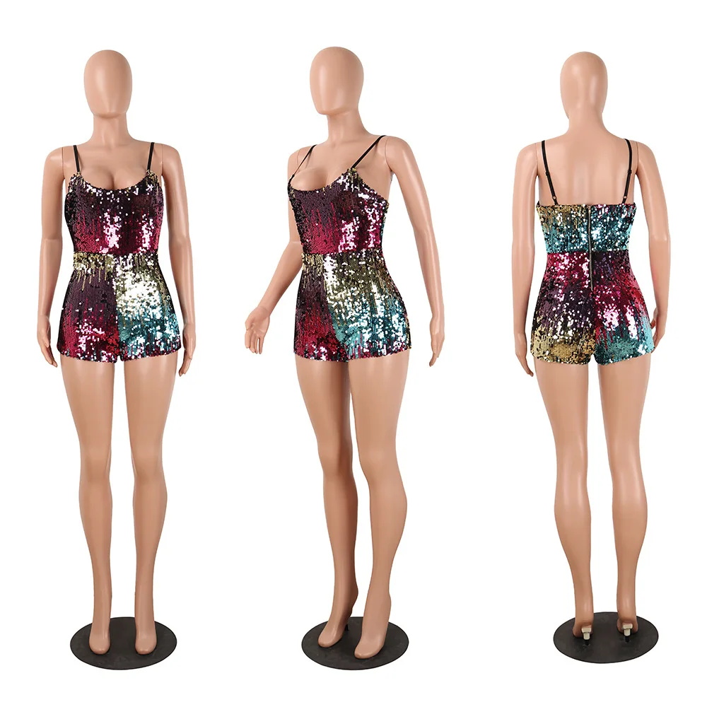 

European and American sexy sling color beads zipper jumpsuit