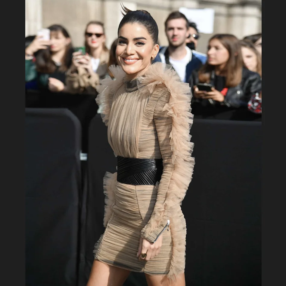 Модное Элегантное Сетчатое платье с рюшами и оборками для женщин длинным рукавом