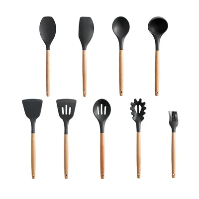 9Pcs 9 шт./компл. силиконовая ложка шпатель щетка ковш Тернер щетка посуда с деревянными ручками Кухня формочки для выпекания кексов, Пособия по кулинарии посуда гаджеты - Цвет: 9Pcs