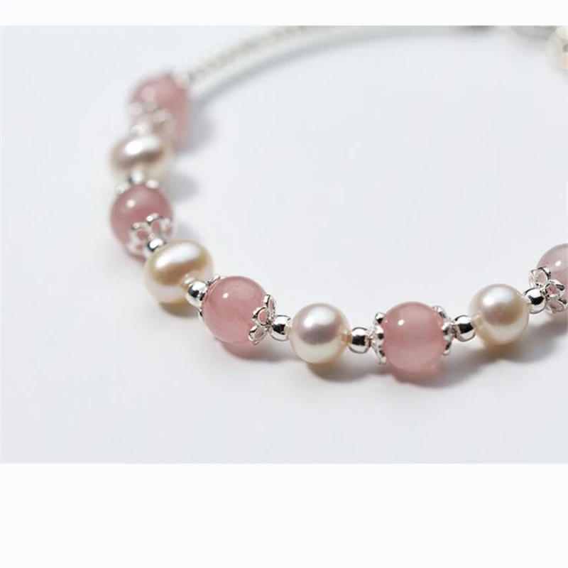 

925 Sterling Silver Cute Pink Crystal Artificial Pearl Adjustment Bracelet Jewelry For Women Girls Kids Party Gift S2410