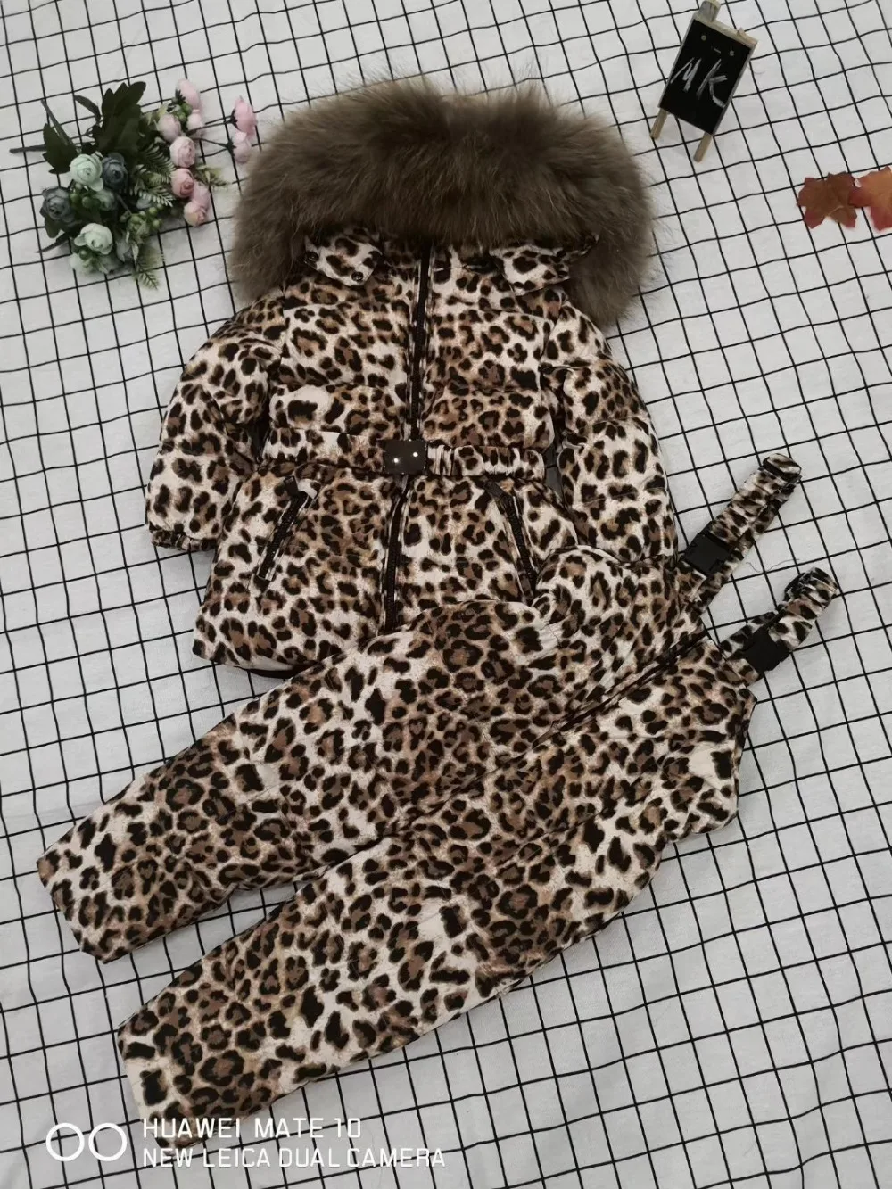 Winter Jacket Children down jackets& PANT duck down Fur hooded Leopard flower girl snowsuit boy set outerwear ski suit