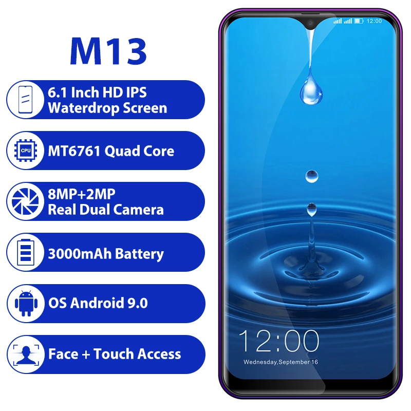 LEAGOO M13, 4 Гб ОЗУ, 32 Гб ПЗУ, мобильный телефон, Android 9,0, 6,1 дюймов, экран в виде капли воды, MTK6761, четыре ядра, отпечаток пальца, распознавание лица, 4G смартфон