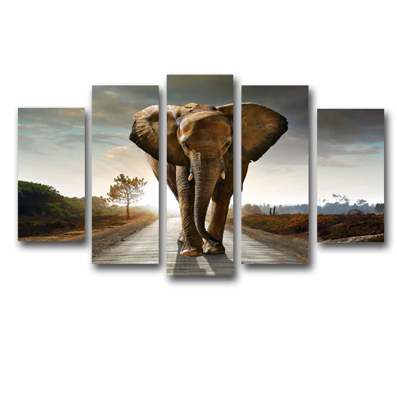 5 панелей холст печать Слон ходьба картина для гостиной стены Искусство