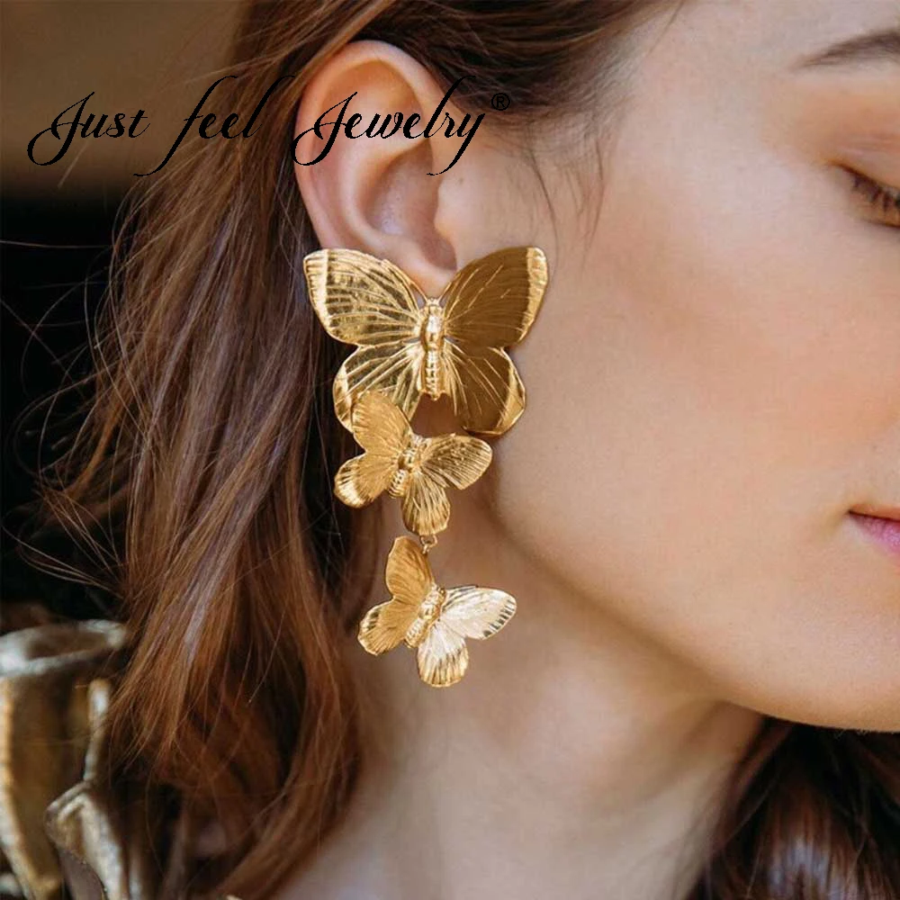 

JUST FEEL 2019 Trendy Metal Butterfly Drop Earrings for Women Wedding Statement Jewelry Gold Silver Color Shiny Dangle Earrings