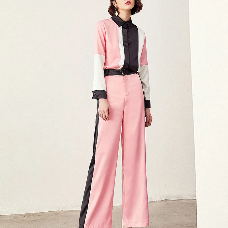 Женский Повседневный костюм-двойка блузка с широкими штанами контрастный цвет