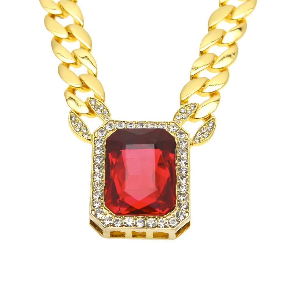 Bling Chain Mens Gold Color Iced Out Red Rhinestone Octagon Hip Hop Pendant 30" Necklace | Украшения и аксессуары