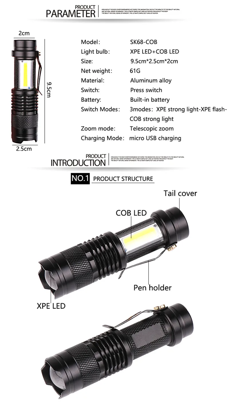 XANES SK68 Мини светодиодный+ COB 3 режима фонарик на лицевой стороне света USB Перезаряжаемые Телескопический увеличительный клип на pockettorches с коробкой