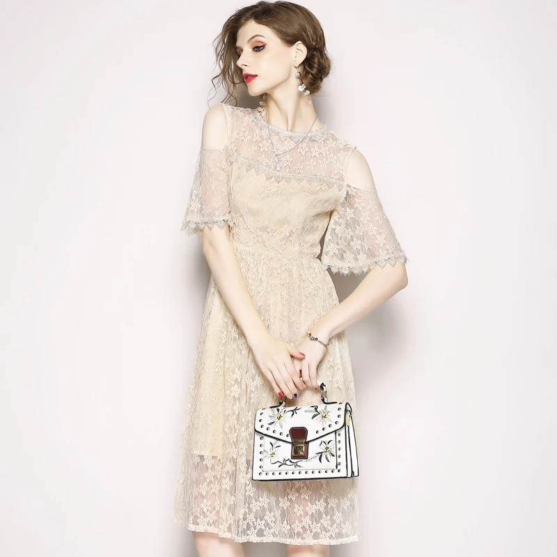 

Elegant Hollow Out Lace Midi Dress Women Half Flare Sleeve Vintage A-line Dresses Party Vestidos 2020 Office Ladies Slim