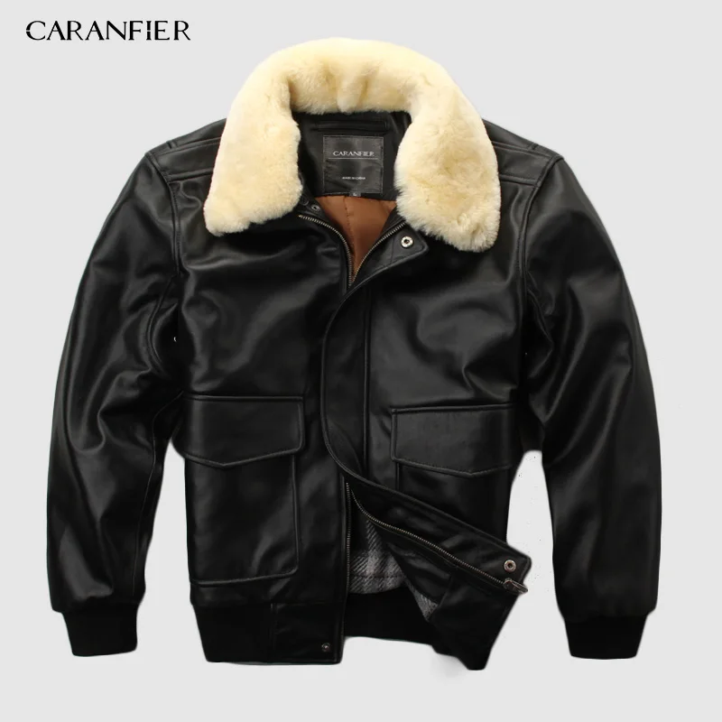 Летный Костюм ВВС CARANFIER Толстая теплая кожаная куртка с меховым воротником из