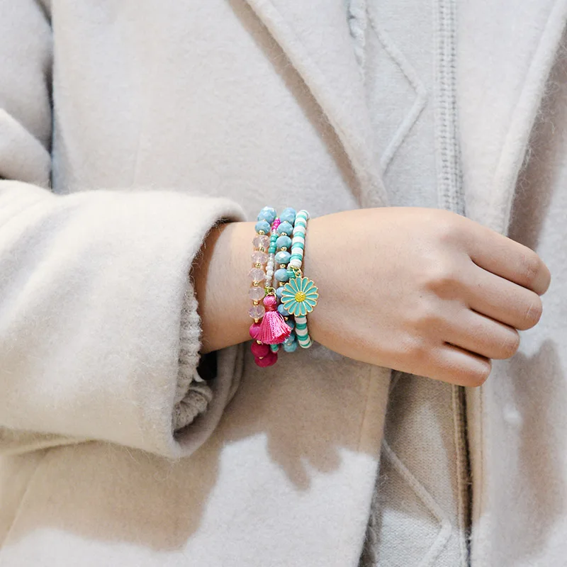 BOJIU Cute Rubber Acrylic Crystal Charm Bracelets Women Sky Blue Pink Green Red Beads Flower Tassel Set BCSET208 | Украшения и