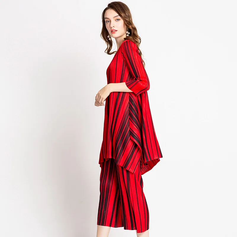 Changpleat 2018 Осенние новые женские комплекты в полоску Miyak плиссированные