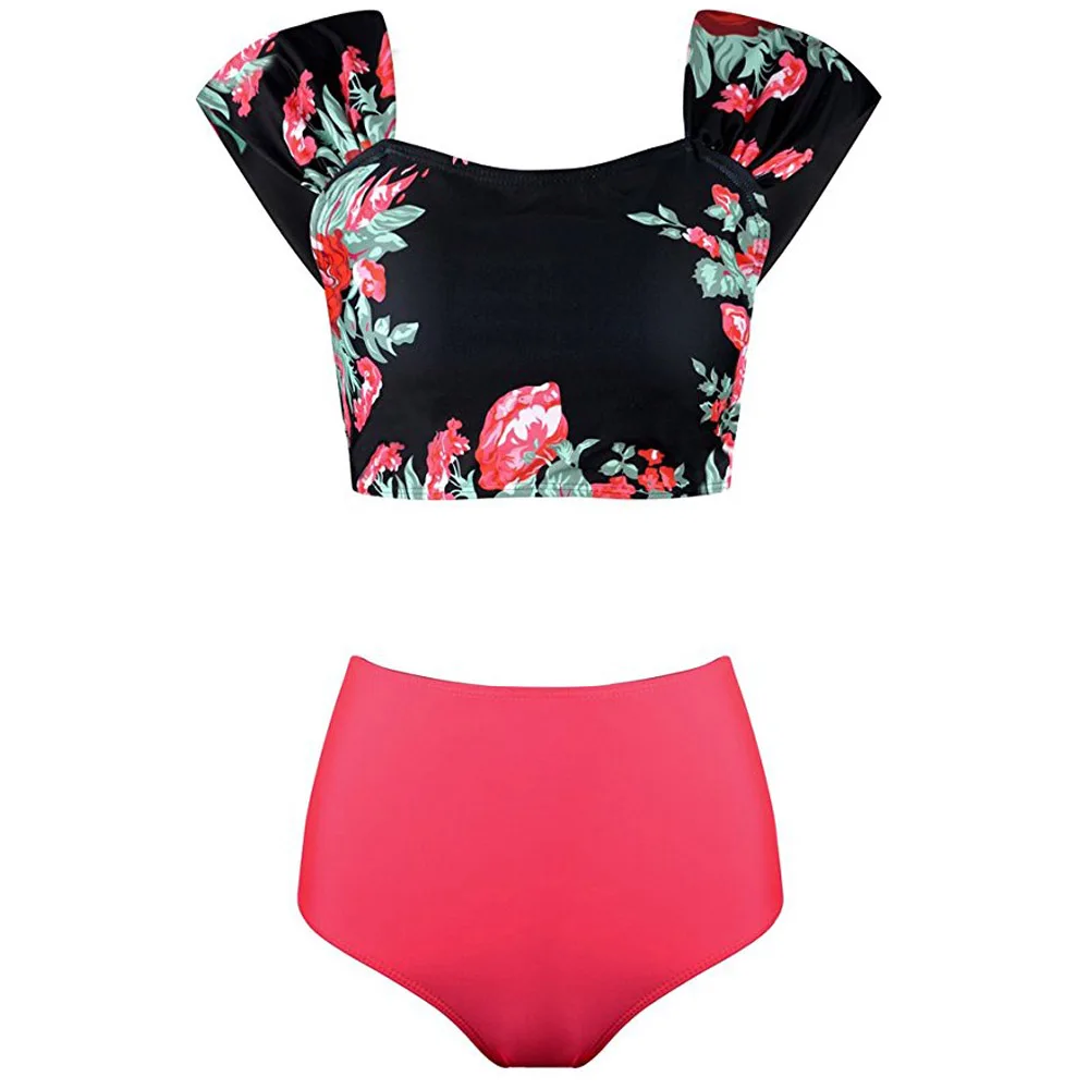 

Qinglemon 2017 Bikinis Women Biquinis Striped Top Floral Bottom Swimsuit Brazilian Bikini Biquini High Waist Bikini