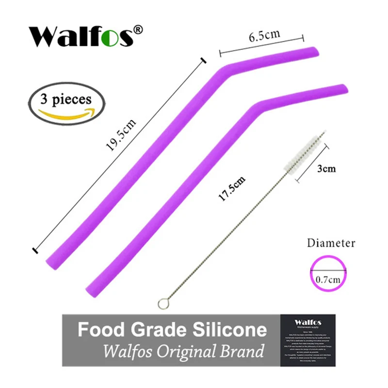 small purple WALFOS 2 шт многоразовые соломинки для питья Пищевая силиконовая соломинка яркая соломинка для питья с чистящей щеткой - Цвет: small purple