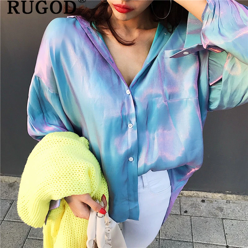 RUGOD Корейская шикарная элегантная градиентная рубашка Женская мода отложной воротник длинный рукав блузки женские топы кимоно Харадзюку