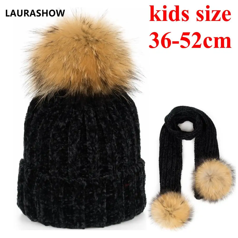 kids size Шапка-бини с помпонами для девочек, теплая вязаная шапка с помпоном и шарф, комплект детской зимней шапки Skullies из натурального меха енота - Цвет: kids size
