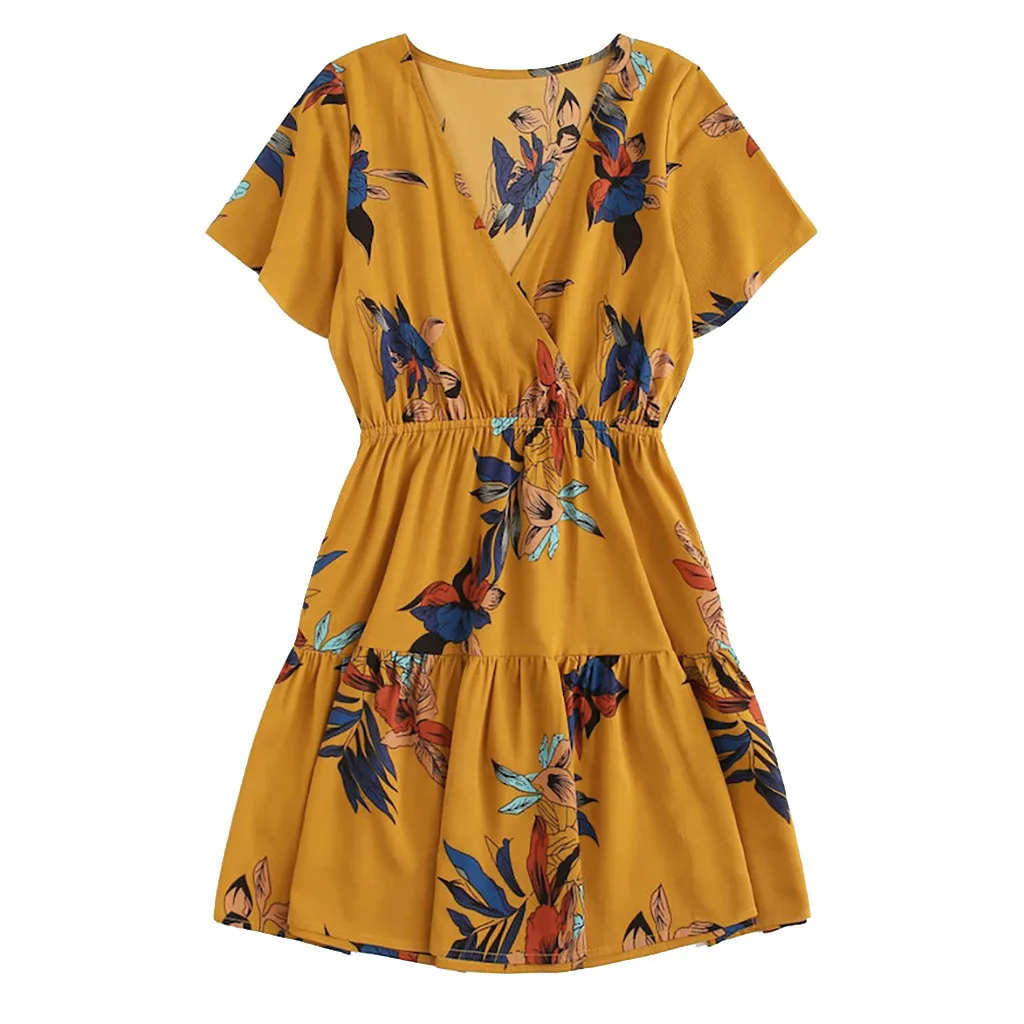 Женское пляжное платье с высокой талией Boho повседневное мини v образным вырезом и