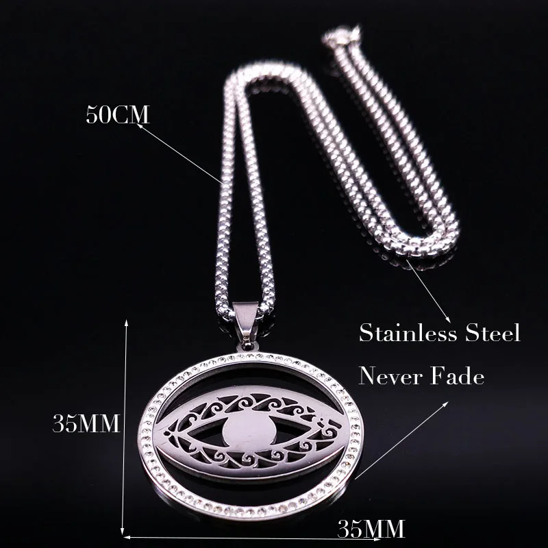 

2021 Fashion Islam Crystal Stainless Steel Statement Necklace Women Silver Color Evil Eye Chains Necklaces Jewelry N8527S03