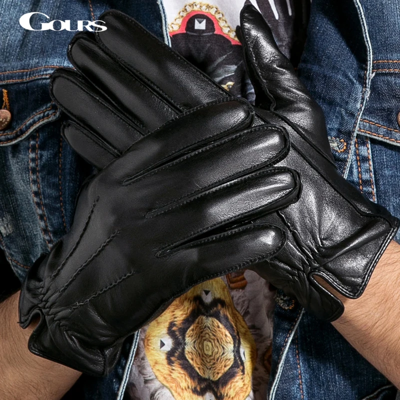 

Gours Autumn and Winter Men Genuine Leather Gloves Fashion New Brand Warm Black Gloves Goatskin Three Lines Mittens GSM019