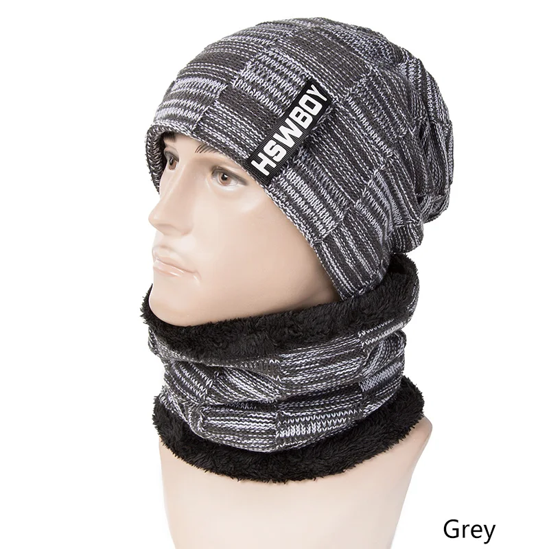 IWINTER, 2 шт., зимняя теплая шапка, шарф, набор для мужчин, Skullies Beanies, плюс бархат, толстая зимняя шапка, шарф, вязаная шапка, шапочка унисекс - Цвет: Grey Scarf Hat Set