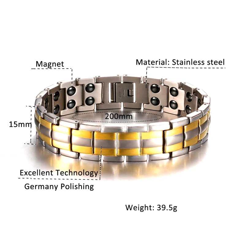 Оловянный золотой серебристый классический профильный магнитный браслет для мужчин из нержавеющей стали с общим здоровьем и привлекательностью кровяного давления.