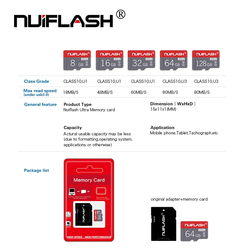 NUIFLASH MICRO SD КАРТА CLASS10 8ГБ CLASS 6 16ГБ/32ГБ U1 64ГБ/128ГБ/256ГБ U3 ПАМЯТЬ ФЛЭШ MICROSD ДЛЯ СМАРТФОНА