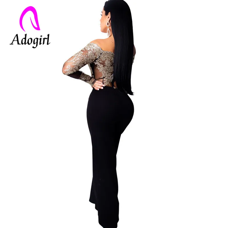 Adogirl golden embroidery jumpsuits wide leg long sleeve slash neck Water soluble lace jumpsuit floral suit | Женская одежда