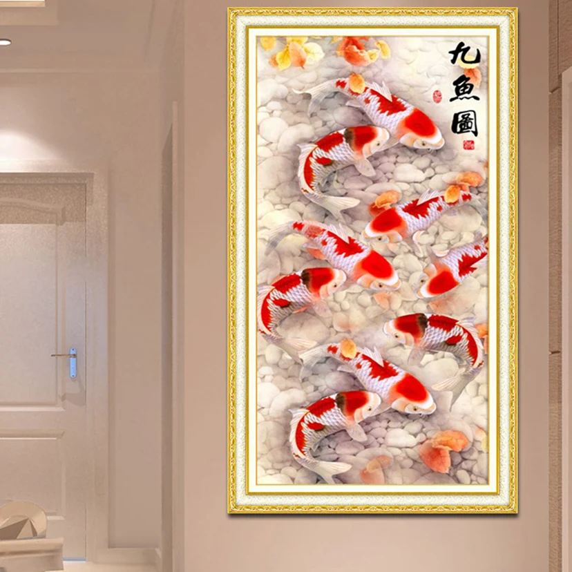 DIY 5D Nine fish вышивка пейзажа, круглые или квадратные стразы, алмазная живопись, вышивка крестиком, вышивка рукоделие WG874