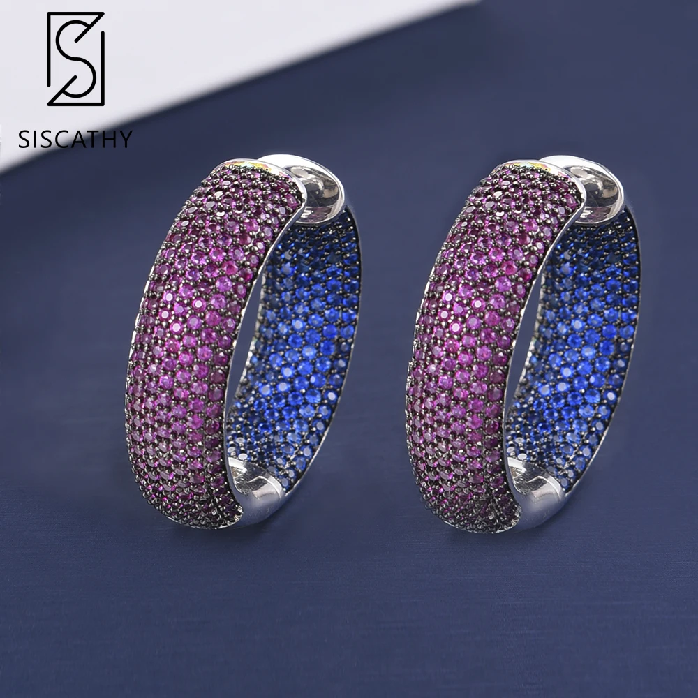 Женские серьги кольца SISCATHY разноцветные фианиниевая инкрустация с широкой