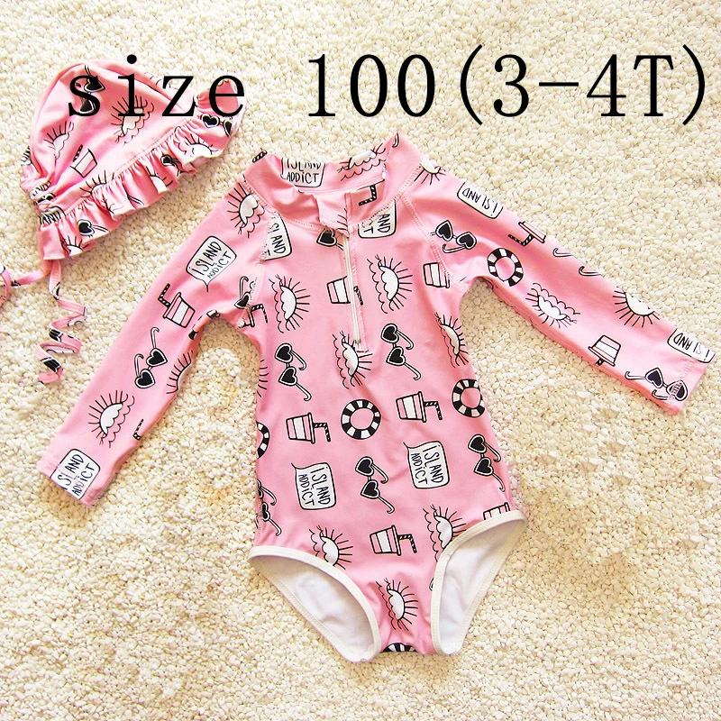 pink 100 Dollplus/Одежда для купания для девочек; летний купальный костюм с длинными рукавами и принтом для девочек; комплект из 2 предметов; пляжная одежда с рисунком для маленьких девочек; одежда для купания для маленьких девочек - Цвет: pink 100
