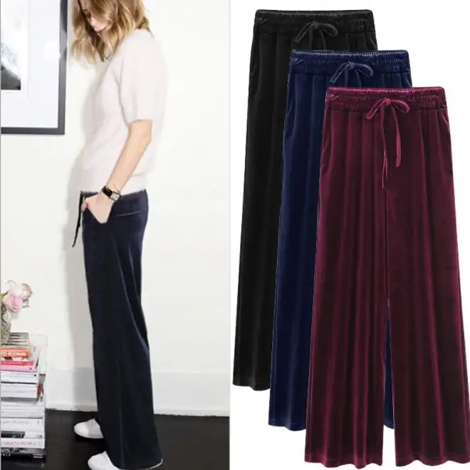 

6XL Womens Winter Velvet Drawstring Pants Ladies Fashion Solid Elastic Waist Loose Trousers Female Casual Wide leg pants