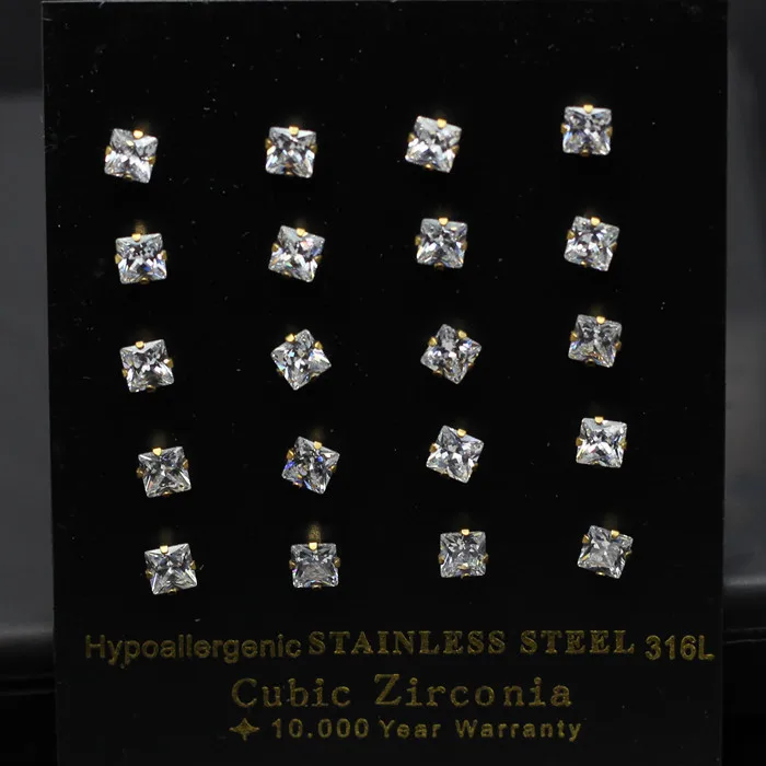 LUXUKISSKIDS 3-10mm 10pairs/lot Kids Clear Stud Earrings For Women Men Square Zircon Stainless Steel Earings SetFashion Jewelry | Украшения