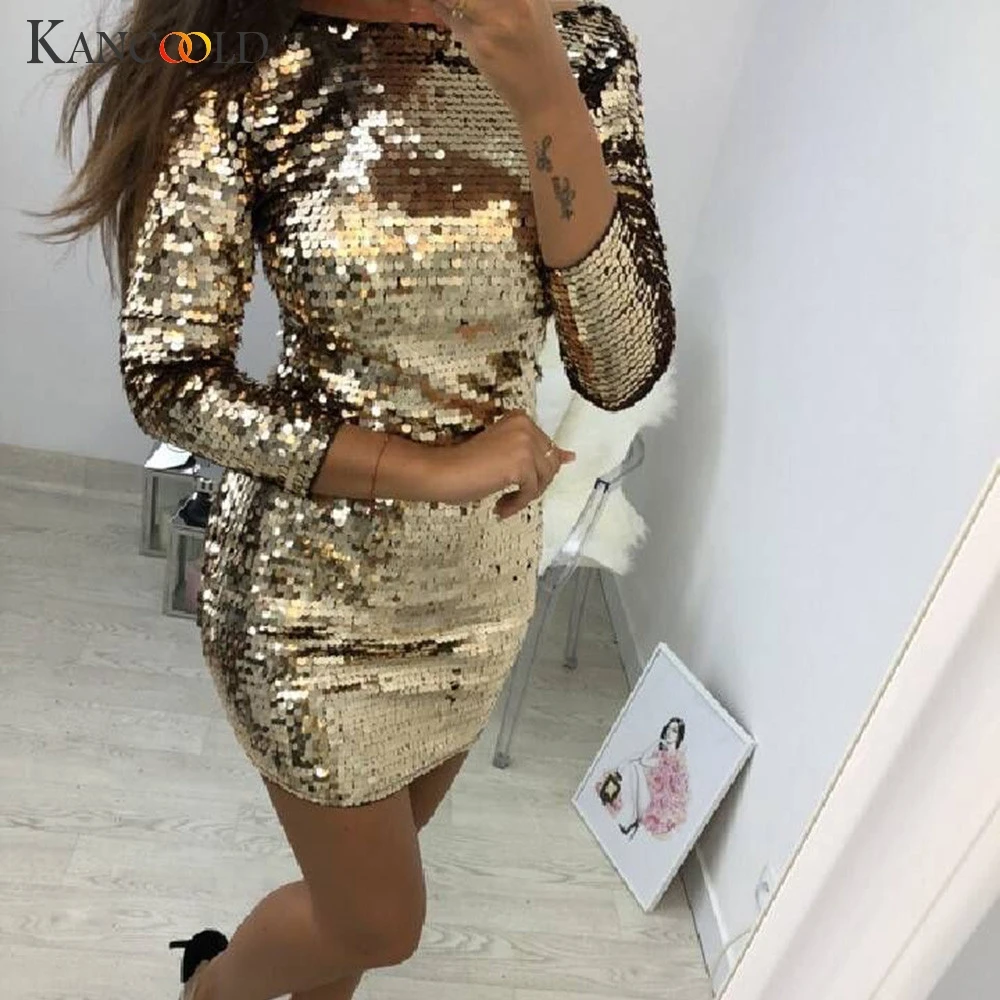 Женское платье с блестками kangcoold клубное мини футляр длинным рукавом