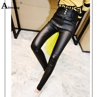 women fashion high waist pu leather trousers zipper skinny pencil pants girls button dull faux leather spring winter pants
