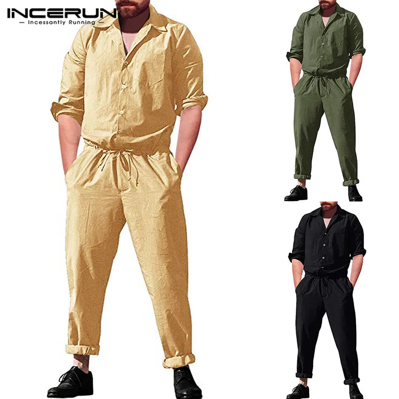 INCERUN, одноцветные, модные, с длинным рукавом, с карманами, мужские свободные сиамские брюки, уличная одежда, рабочая одежда, мужской комбинезон, 5XL