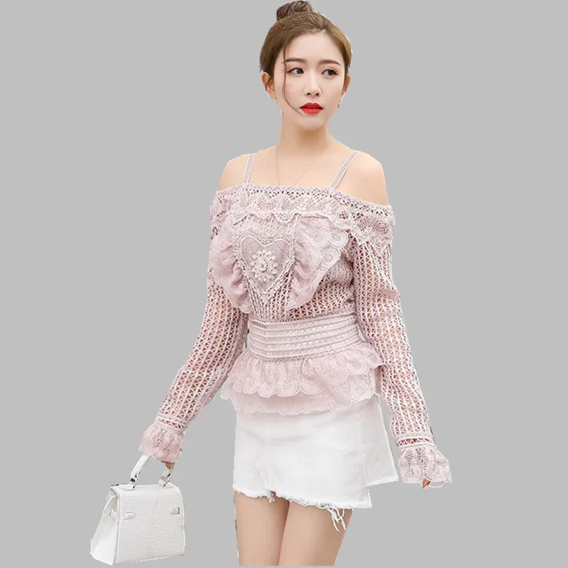 Женская кружевная блузка на бретельках HAMALIEL розовая с оборками и открытыми