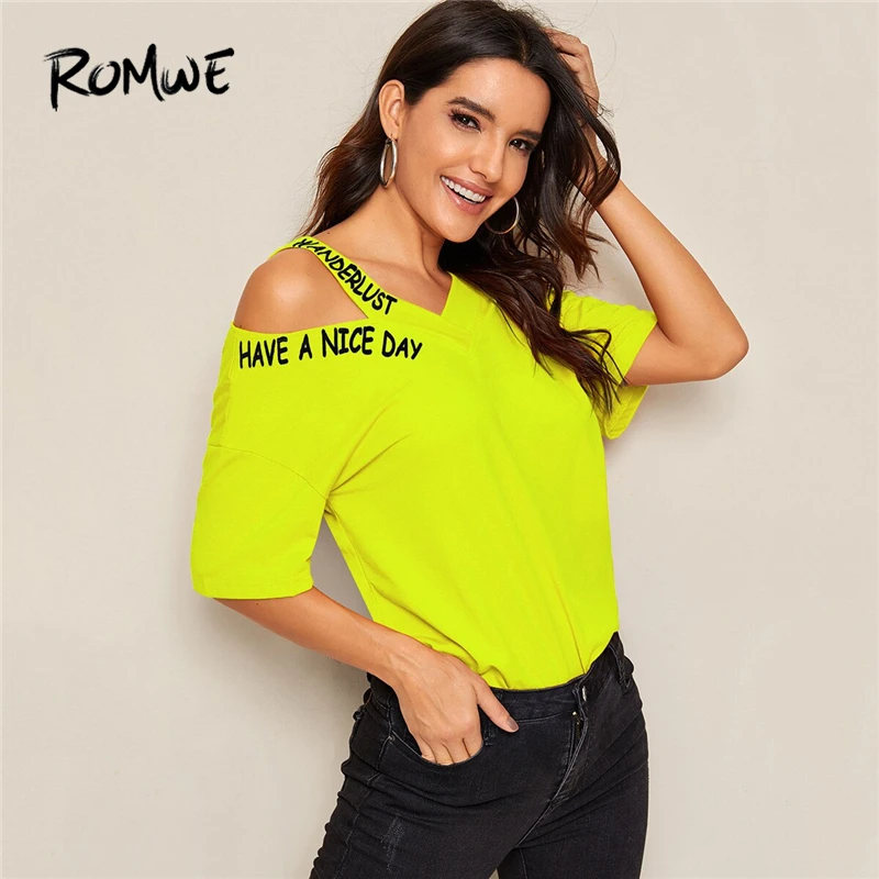 ROMWE Neon Green Lime Cut Out Shoulder Slogan Print Tee Tops Women Summer Asymmetrical Neck Half Sleeve Casual T Shirts