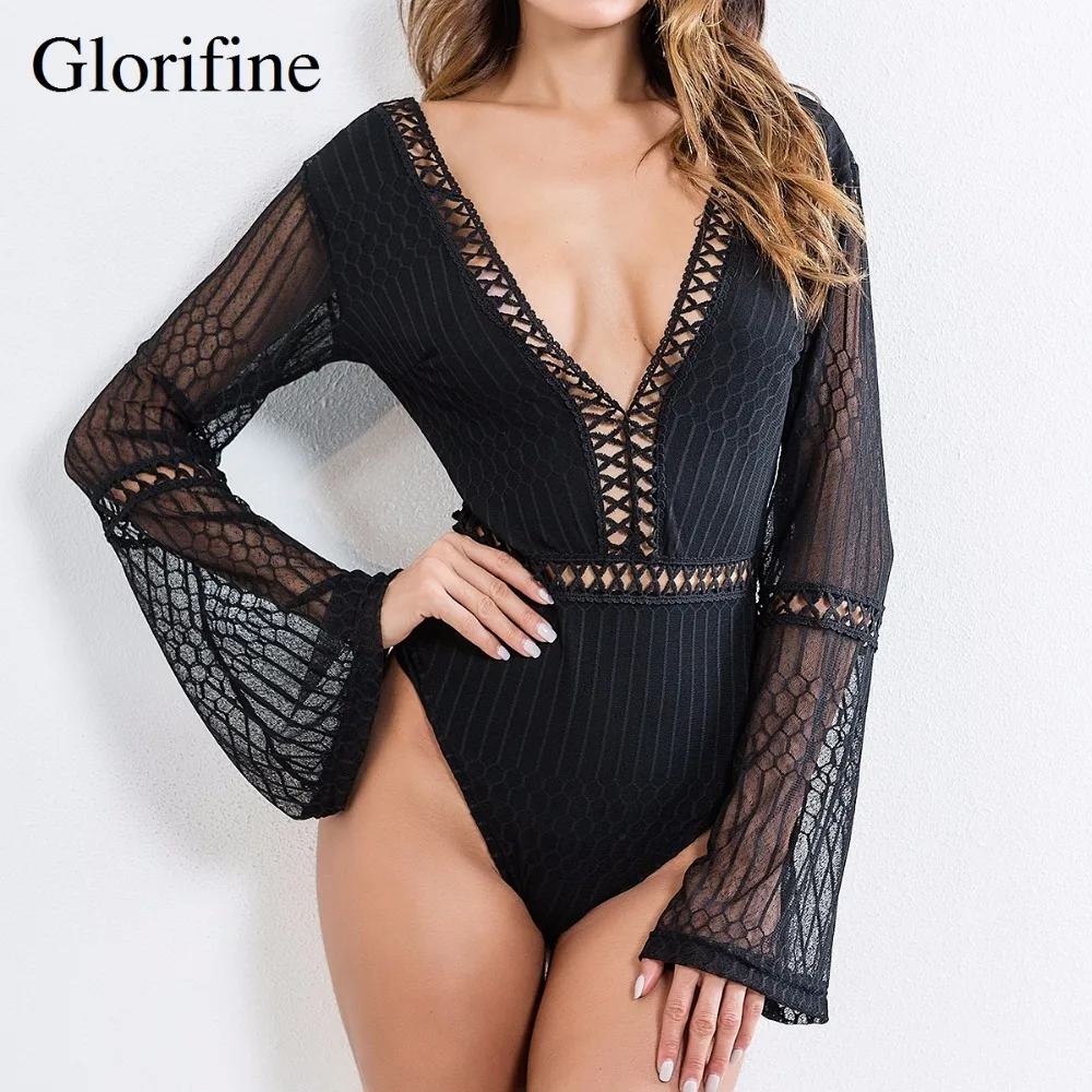 Glorifine Брендовые женские модные однотонные сетчатые полые сексуальные боди