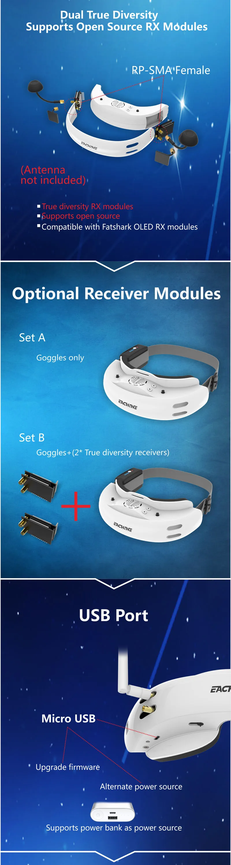 EV200D 1280*720 5,8G 72CH истинное разнообразие FPV очки HD порт в 2D/3D встроенный DVR для радиоуправляемого дрона VS EV100D черный белый