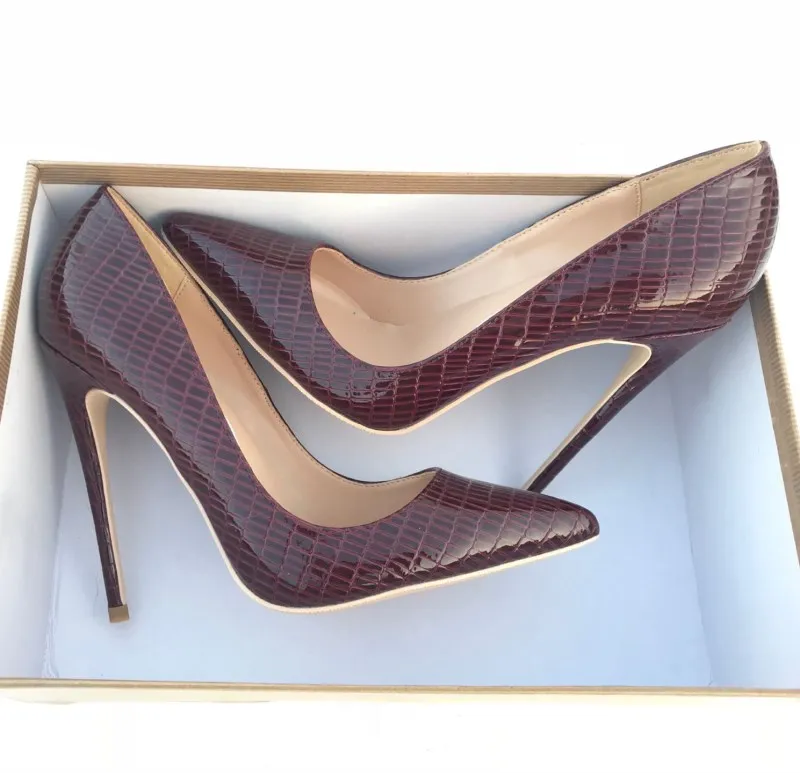 

New European and American Sexy Wine-red Lizard-print High-heeled Shoes with 12 cm Tip and 10 cm Shallow Mouth Single Shoes