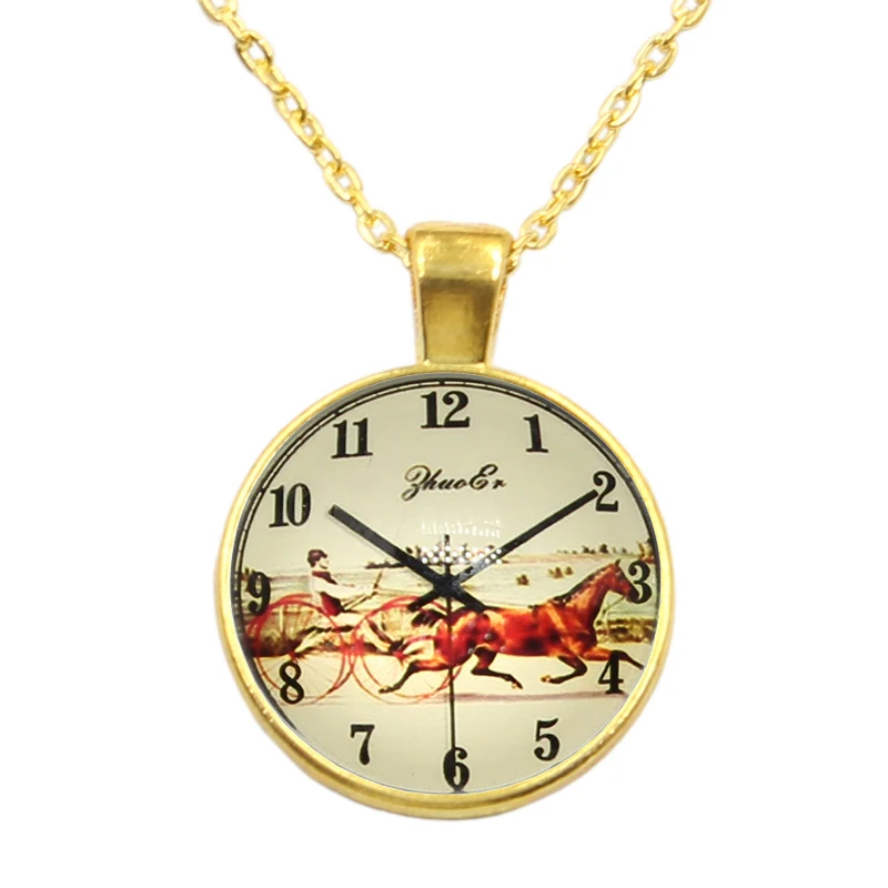 New Brand Jewelry Horse Clock Pocket Watches Charming Glass Cabochon Silver Color Long Pendant Necklace For Women Gift | Украшения и