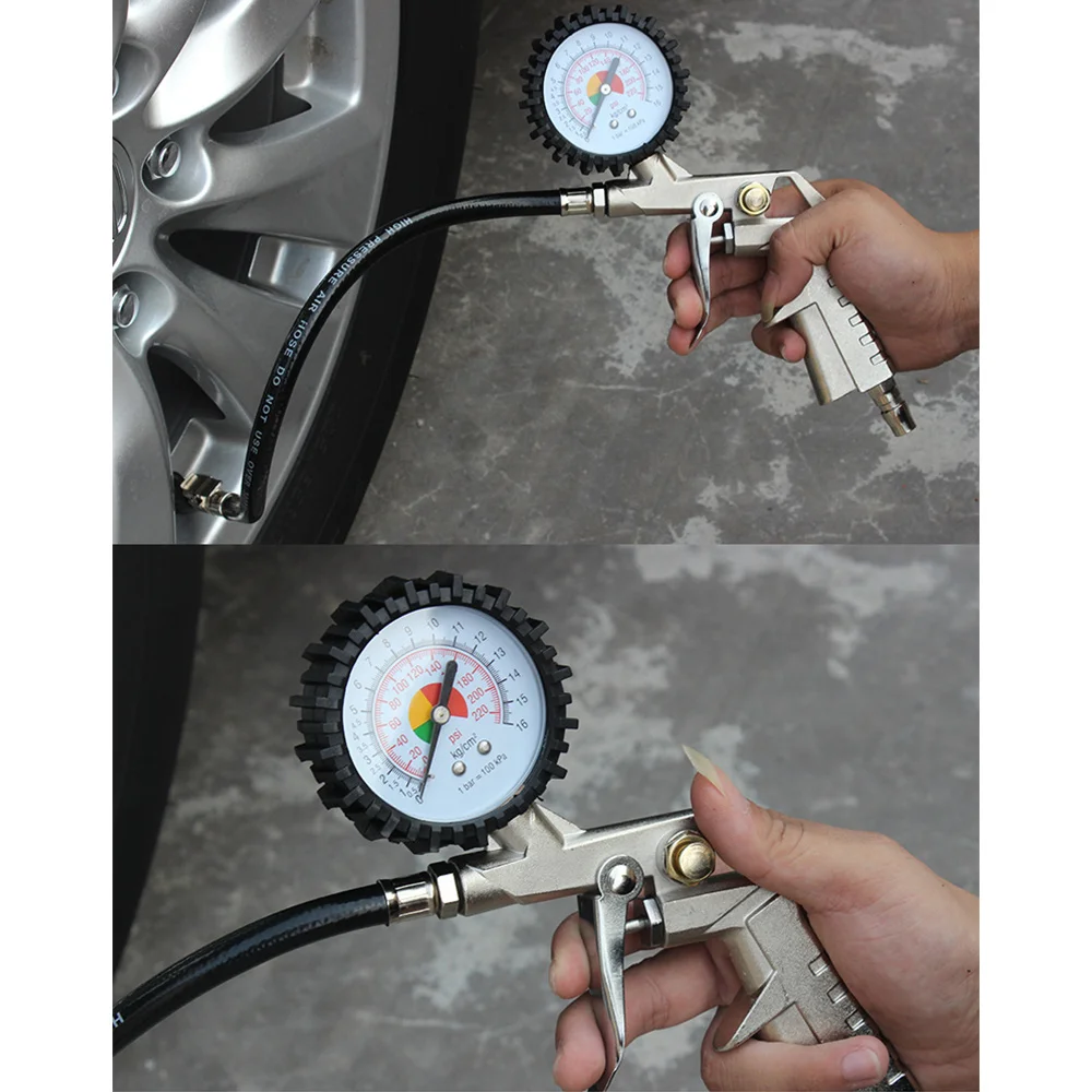 Hot Sale 220 Psi Motorcycle Bicycle Auto Car Tyre Tire Air Pressure Gauge Meter Measurement Vehicle Tester with Inflating Gun |