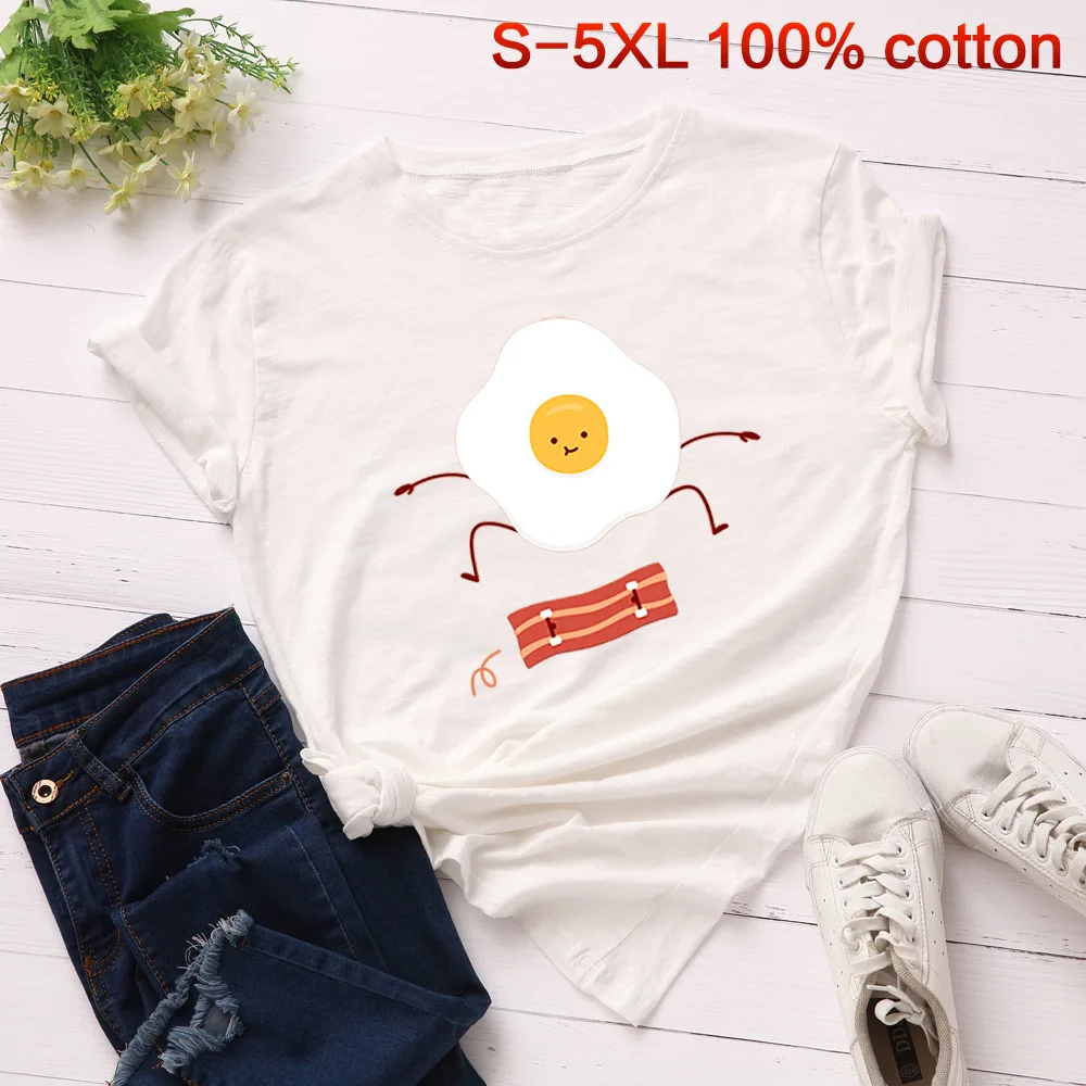 SINGRAIN Women Summer Cute T shirt Omelette Pattern Cartoon female t-shirt plus size fashion loose casual women tops tee | Женская