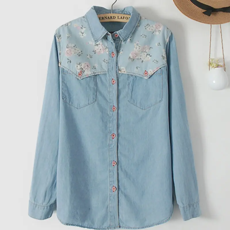 Осенняя винтажная джинсовая рубашка с вышитыми розами для девочек повседневные
