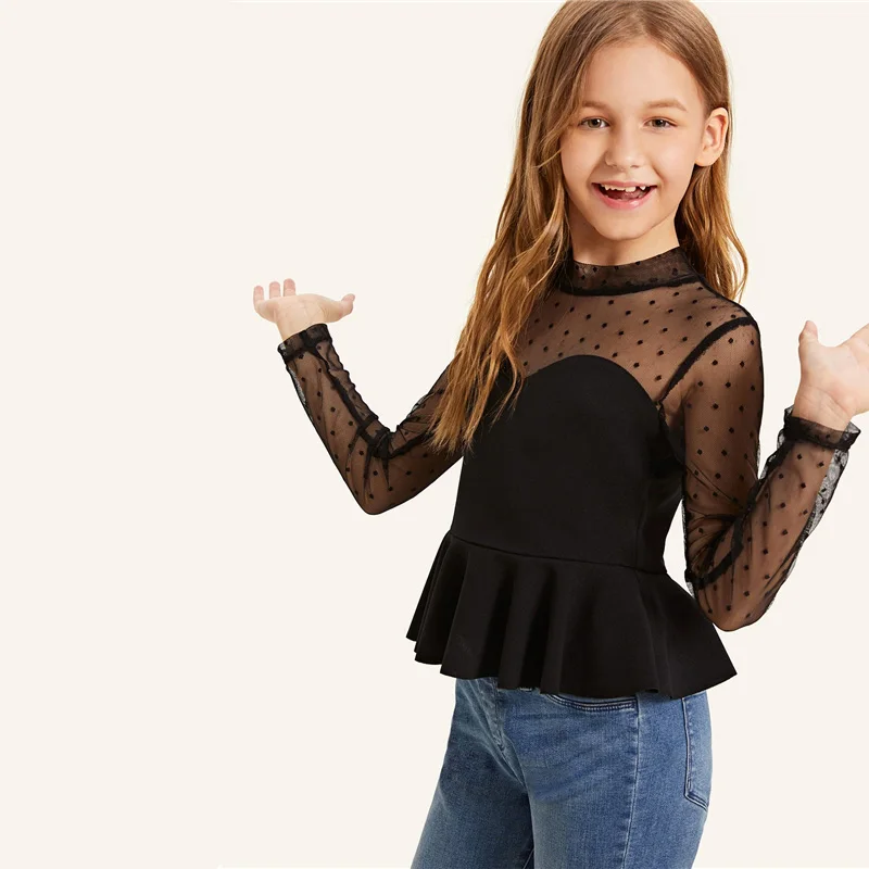 SHEIN/Детские топы в горошек с воротником-стойкой и сеткой с баской для девочек; коллекция года; летние облегающие блузки с длинными рукавами для девочек