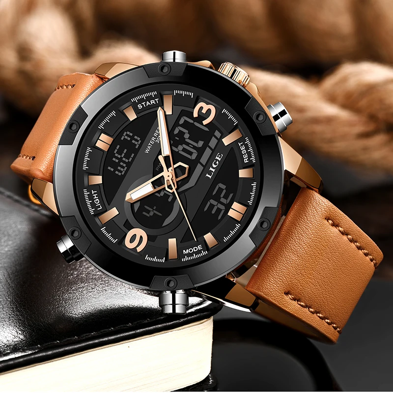 2020 LIGE New Fashion Business LED Digital Watch Mens Watches Top Brand Luxury Men Military Waterproof Double Display Wirstwatch