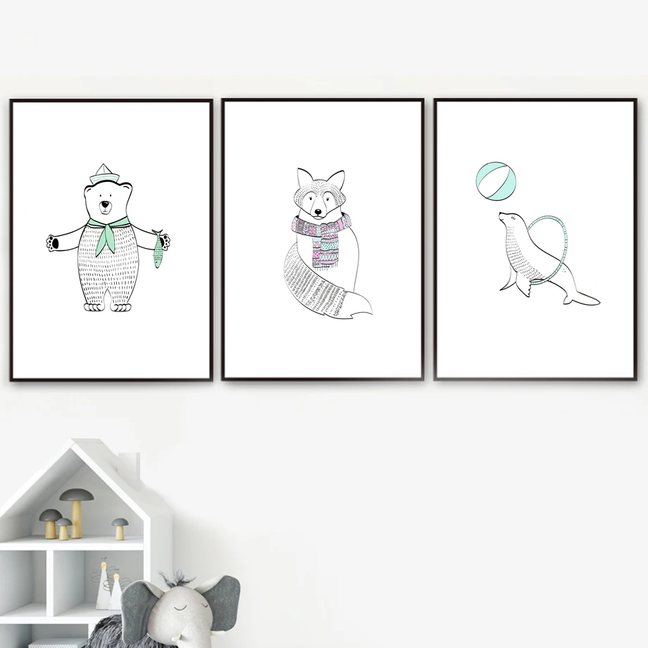 Seal Bear rabbit monkey fox Nursery Prints Wall Art Canvas Painting Nordic Posters And Pictures Baby Kids Room Decor | Дом и сад