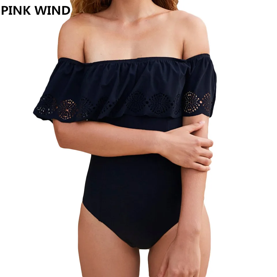 Женский купальник винтажный с воланами открытым плечом черный для лета 2017 | Спорт
