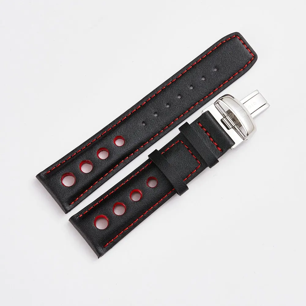 Плюс ремешок 20 мм из натуральной кожи Ремешки для наручных часов Tissot PRS516 T91 T044430A Бабочка Пряжка отверстие ремня вентилируемый ремешок для часов - Цвет ремешка: black red line