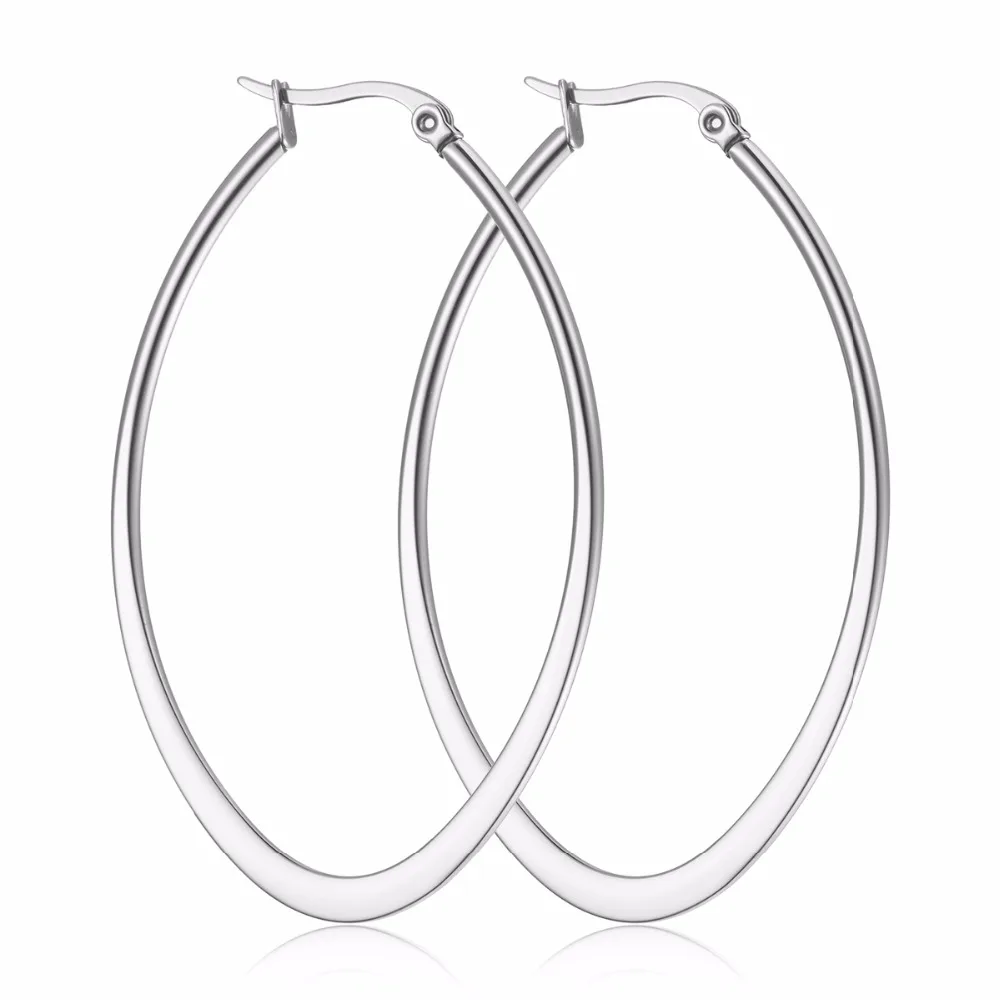 Серебряные плоские овальные серьги-кольца из нержавеющей стали 316L блестящая