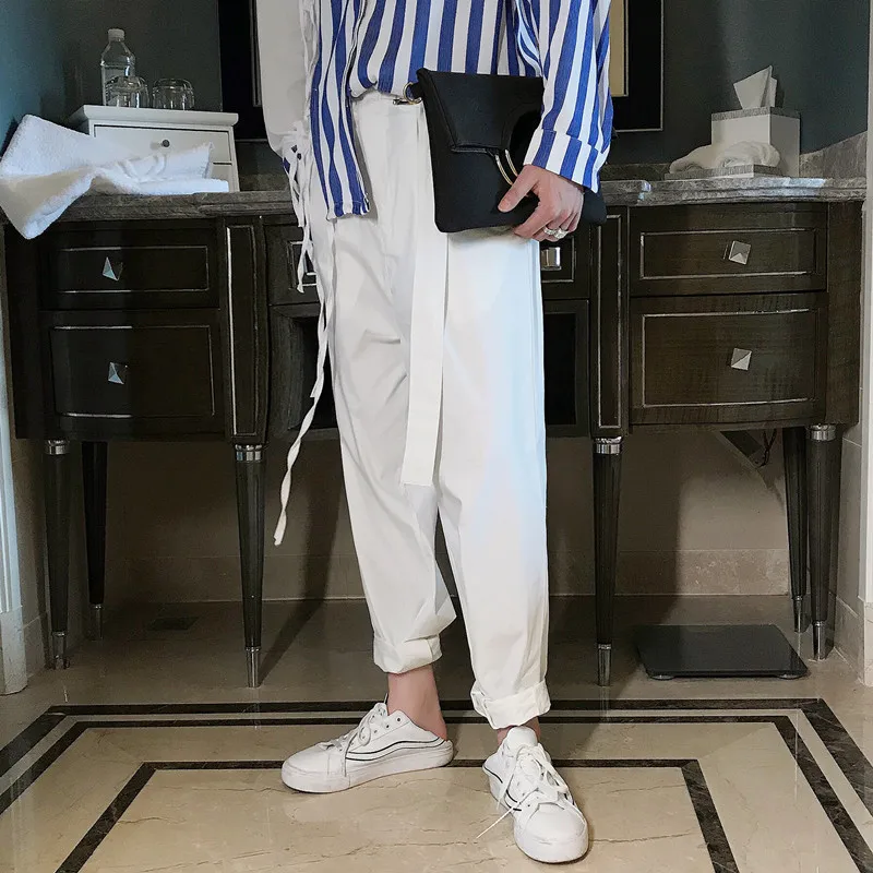 

M-2XL!! Summer tide models alternative belts band width loose legs harem pants men's white pants pants trousers.